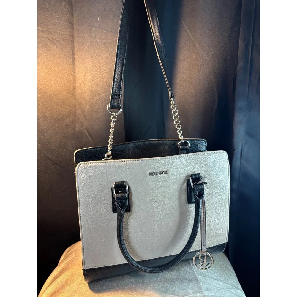 Nine West Black Cream Two Tone Satchel Handbag Silver Hardware Shoulder Bag